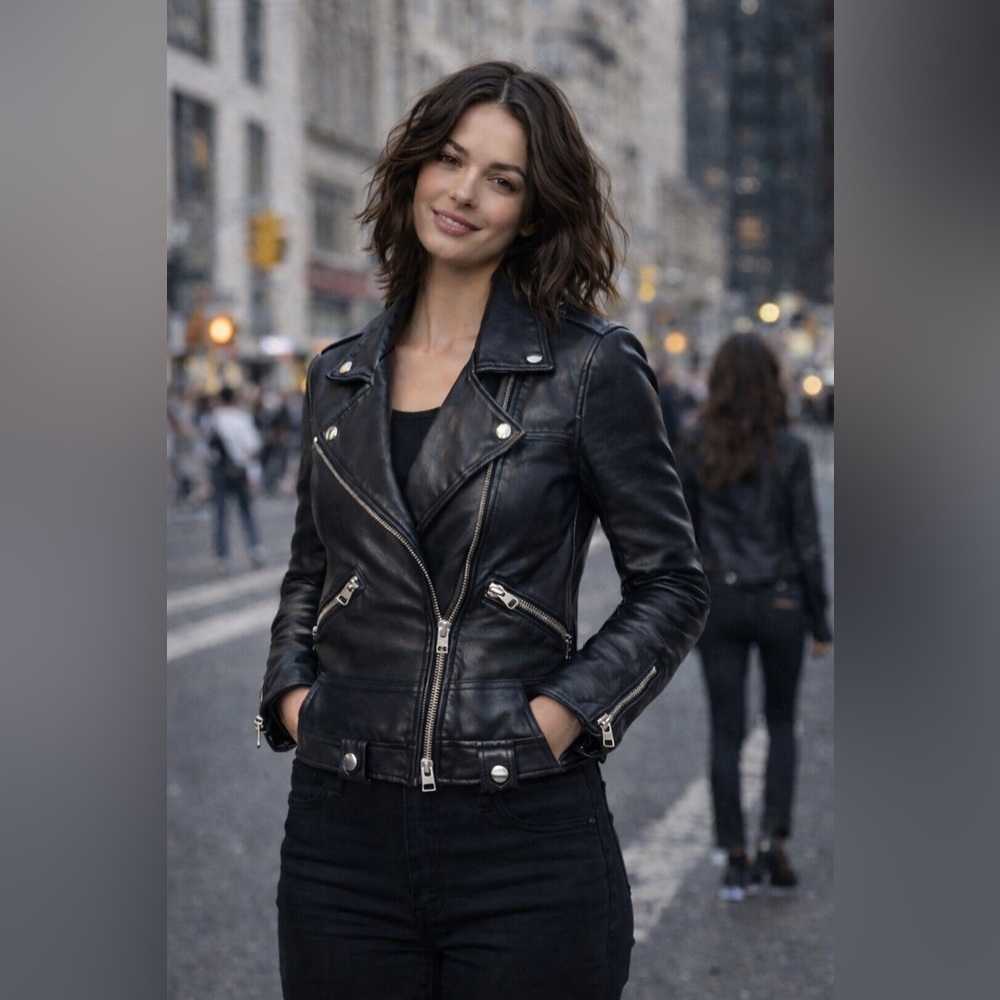 ALLSAINTS Black Sheep Leather Moto Biker Jacket Cropped Size 4 - Picture 9 of 16